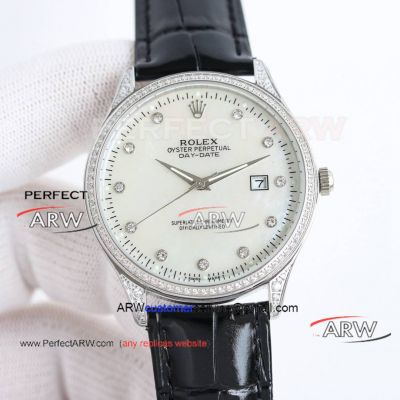 Rolex DAY-DATE White Mother-of-Pearl Diamond Leather Watch Replica 